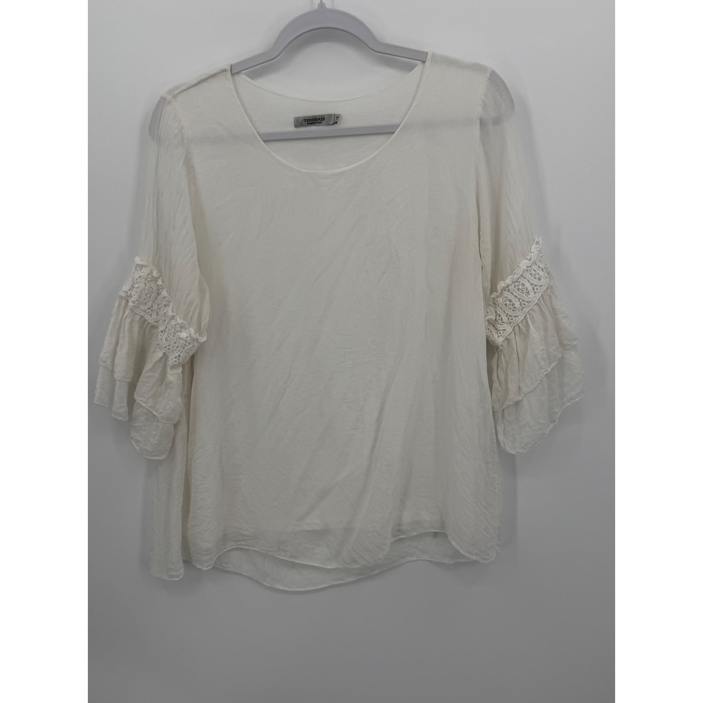 Tendenze Blouse Women Medium White 100% Silk Lace Ruffle Sleeve Made in Italy